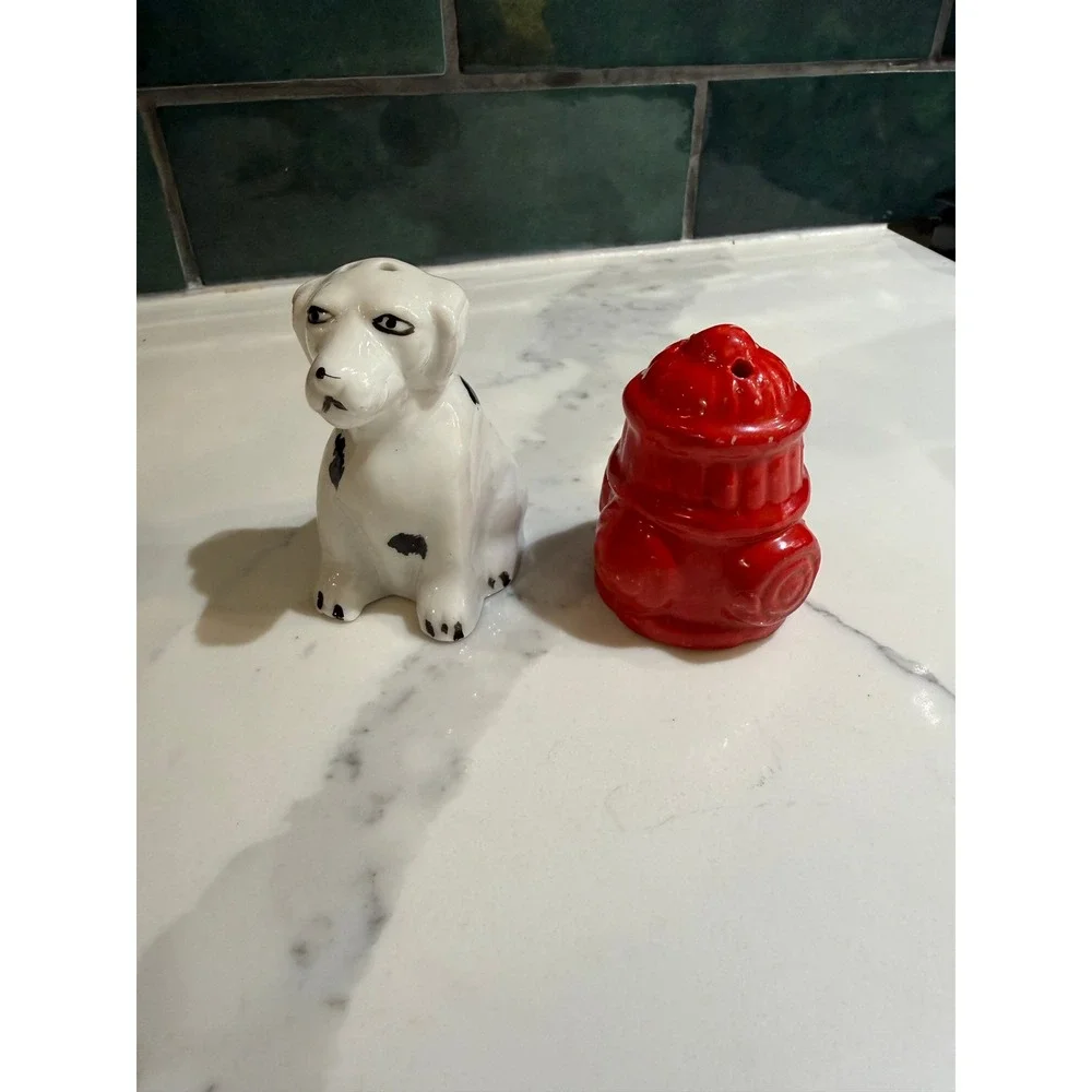 Vintage Dalmatian Dog and Red Fire Hydrant Ceramic Salt and Pepper Shaker Set